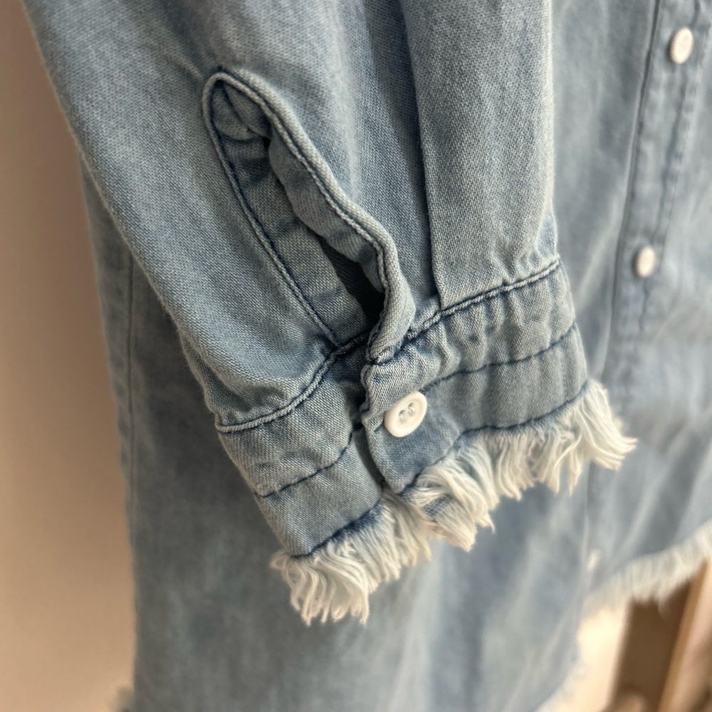 Zilcremo Light Blue Denim Shirt Dress Button Down Long Sleeve Fringe Size M - Picture 6 of 6